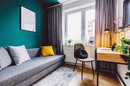 Interior of small apartment living room for home office. Real estate rent and home staging