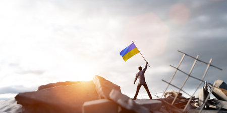 Man with Ukraine flag on city ruins. Ukrainian victory against Russian aggression. 3D illustration