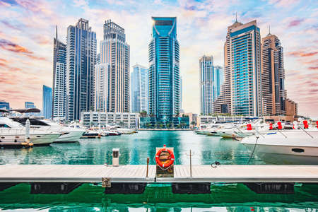 Dubai marina with yachts in UAE. High-rise residential buildings, business skyscrapersのeditorial素材