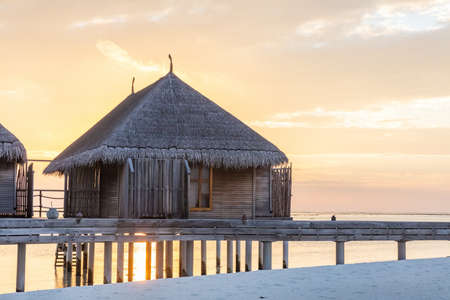 Resort in Maldives. Water villas along wooden jetty. Exotic holiday destinationのeditorial素材