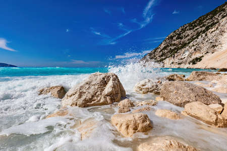Myrtos Beach in Kefalonia, Greece. Ionian sea at summerの写真素材