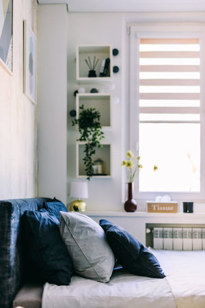 Soft pillows on bed in elegant bedroom. Home staging