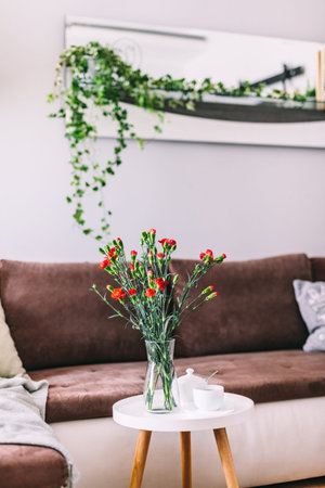 Coffee table in a small cozy apartment. Real estate rent and home stagingの写真素材