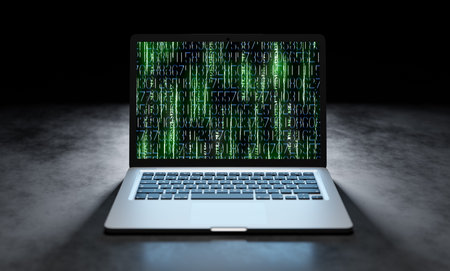 Cyber warfare or hacking attack concept on laptop screen. Security breaches and privacy threatsの写真素材