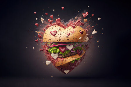 Burger in heart shape with little hearts exploding, generative ai.の素材