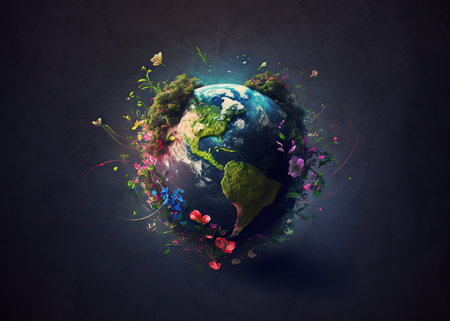 Planet earth in flowers and green leaves, Earth day. Generative AI.の素材