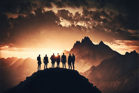 Group of people on peak of the mountain at sunset. Generative AIの素材