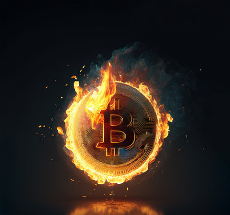 Bitcoin coin burning in flames on fire. Generative AI.の素材