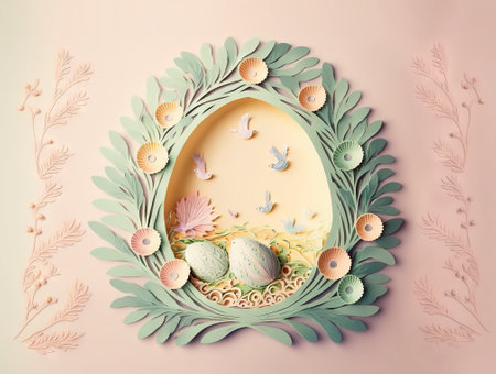 Easter paper quilling craft art postcard with eggs and spring flowers decoration. Generative AIの素材