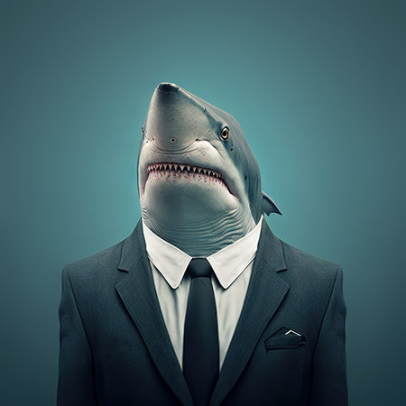 Shark in business suit portrait. Generative AI.の素材