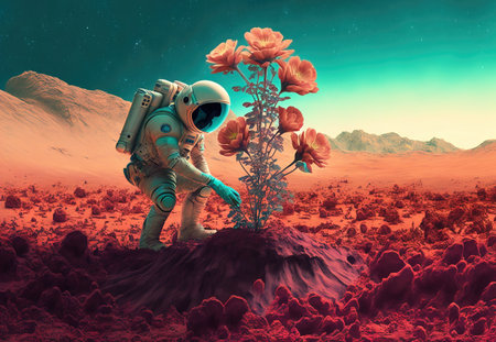Astronaut discovers and research big flower or plant on alien planet. Generative AI.の素材
