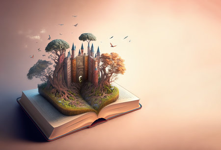 Open book with fairtytale fantasy world of literature. Generative aiの素材