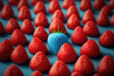 Blue strawberry among red strawberries, different and unique. Generative AI.の素材