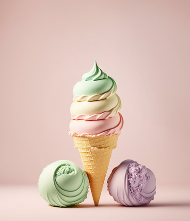 Ice cream in cone, pastel studio background. Generative AI.の素材