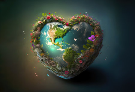 Earth globe in heart shape, love and care for Earth day. Generative AI.の素材