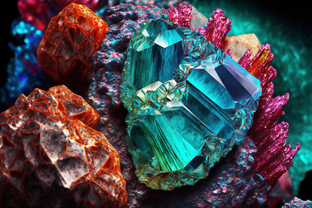 Jewels, mineral gems and crystals close-up background. Generative AI.の素材