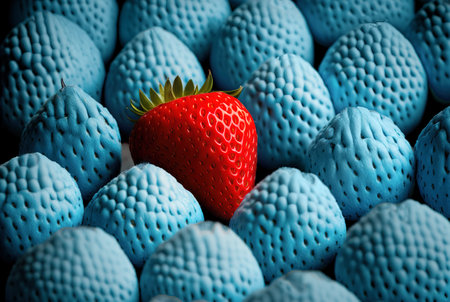 Red strawberry among blue strawberries, different and unique. Generative AI.の素材
