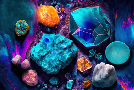Jewels, mineral gems and crystals close-up background. Generative AI.の素材