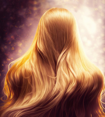 Long shiny blonde hair, rear view. Generative AI.の素材