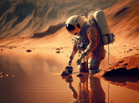 Astronaut filtering water on alien planet doing research. Generative AIの素材