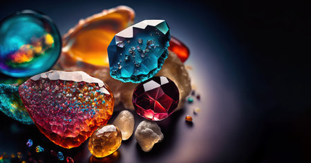 Jewels, mineral gems and crystals close-up background. Generative AI.の素材
