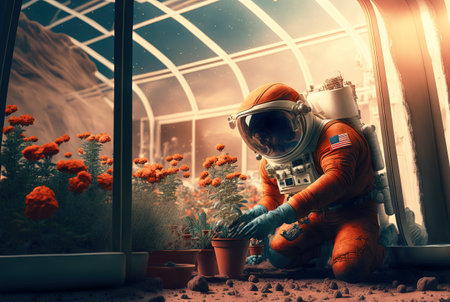 Astronaut growing plant in greenhouse on alien planet. Generative AIの素材
