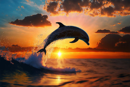 Dolphin jumping in the ocean at sunset. Generative AI.の素材