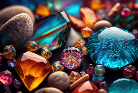 Jewels, mineral gems and crystals close-up background. Generative AI.の素材