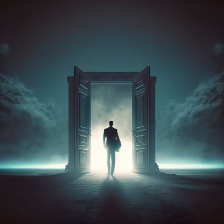 Man walking through the door to light. Concept of hope, new life. Generative ai.の素材