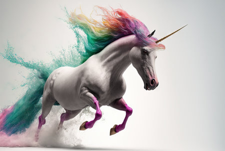 Rainbow colored unicorn running on white background. Generative AI.の素材