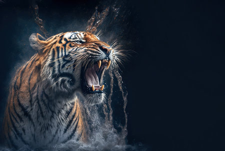 Tiger roar and water splashing. Energy, power or anger AI generative illustration.の素材