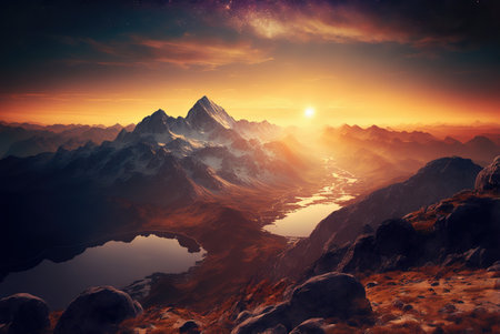 Mountains landscape at sunset, generative ai.の素材