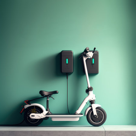 Electric scooter charging battery with wall charger. Eco transportation. Generative AI.の素材