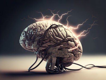 Brain connected with cables and power wire. Generative AI.の素材