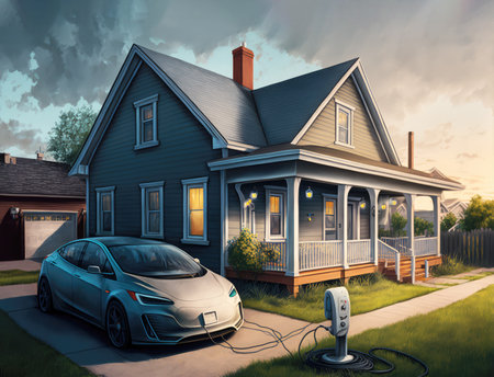 Electric car charging battery at home charger station, conceptual. Generative AI.の素材