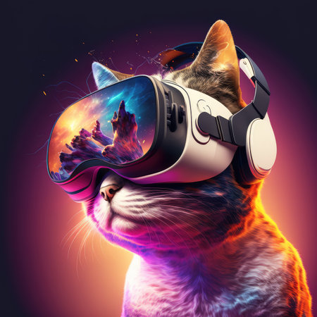 Cat wearing VR headset. Generative AI.の素材