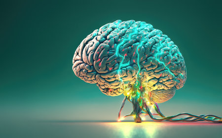 Brain charged with energy from electric cables. Generative AI.の素材