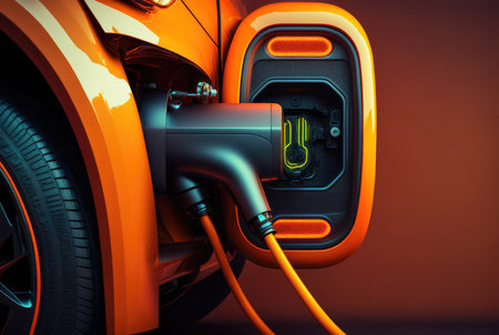 Electric car charging battery, eco energy close-up. Generative AI.の素材