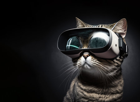 Cat wearing VR headset with augmented reality entertainment. Generative AI.の素材