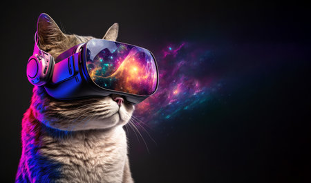 Cat in VR headset enjoying augmented virtual reality. Generative AI.の素材