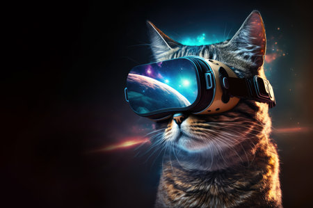 Cat in VR headset enjoying augmented virtual reality. Generative AI.の素材
