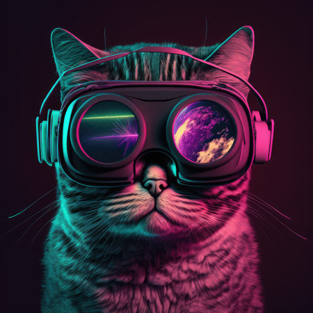 Cat in virtual reality headset enjoying augmented vr game. Generative AI.の素材