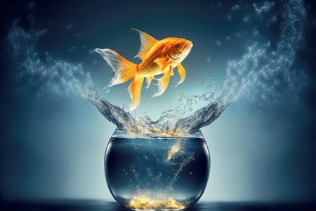 Gold fish jumping out of the splashing water. Generative AI.の素材