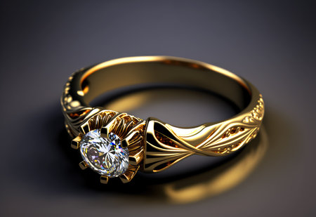 Gold ring with diamond on black. Generative AI.の素材