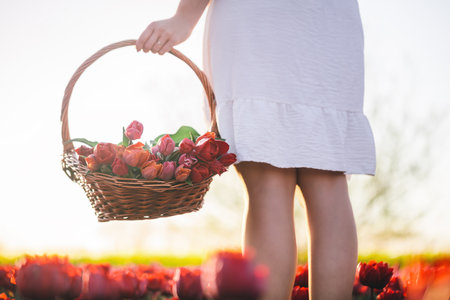 Woman with flowers in the basket on tulip field in spring. sunset lightの写真素材