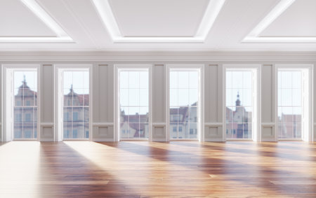 Classical renovated interior with classic big windows and wooden floor. real estateの写真素材