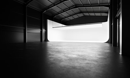 Professional photography studio with white cyclorama backgroundの写真素材