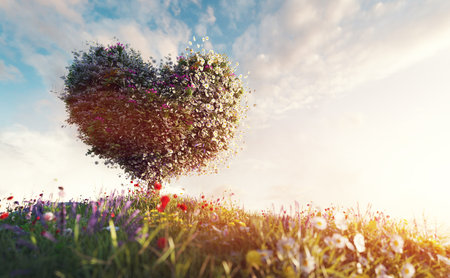 Heart shape tree on spring grassy meadow. Love, fantasy land and Valentines Day conceptの写真素材