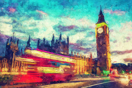 Red bus on Westminster bridge next to Big Ben in London, the UK at night. tourist landmarkの写真素材