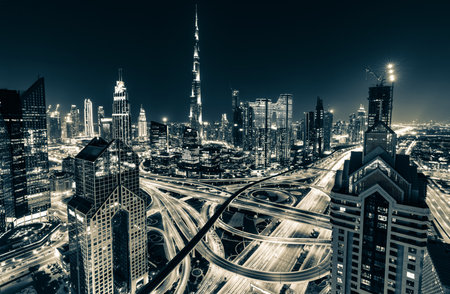 Burj Khalifa in Dubai UAE downtown business skyscrapers highrise architecture at nightの写真素材